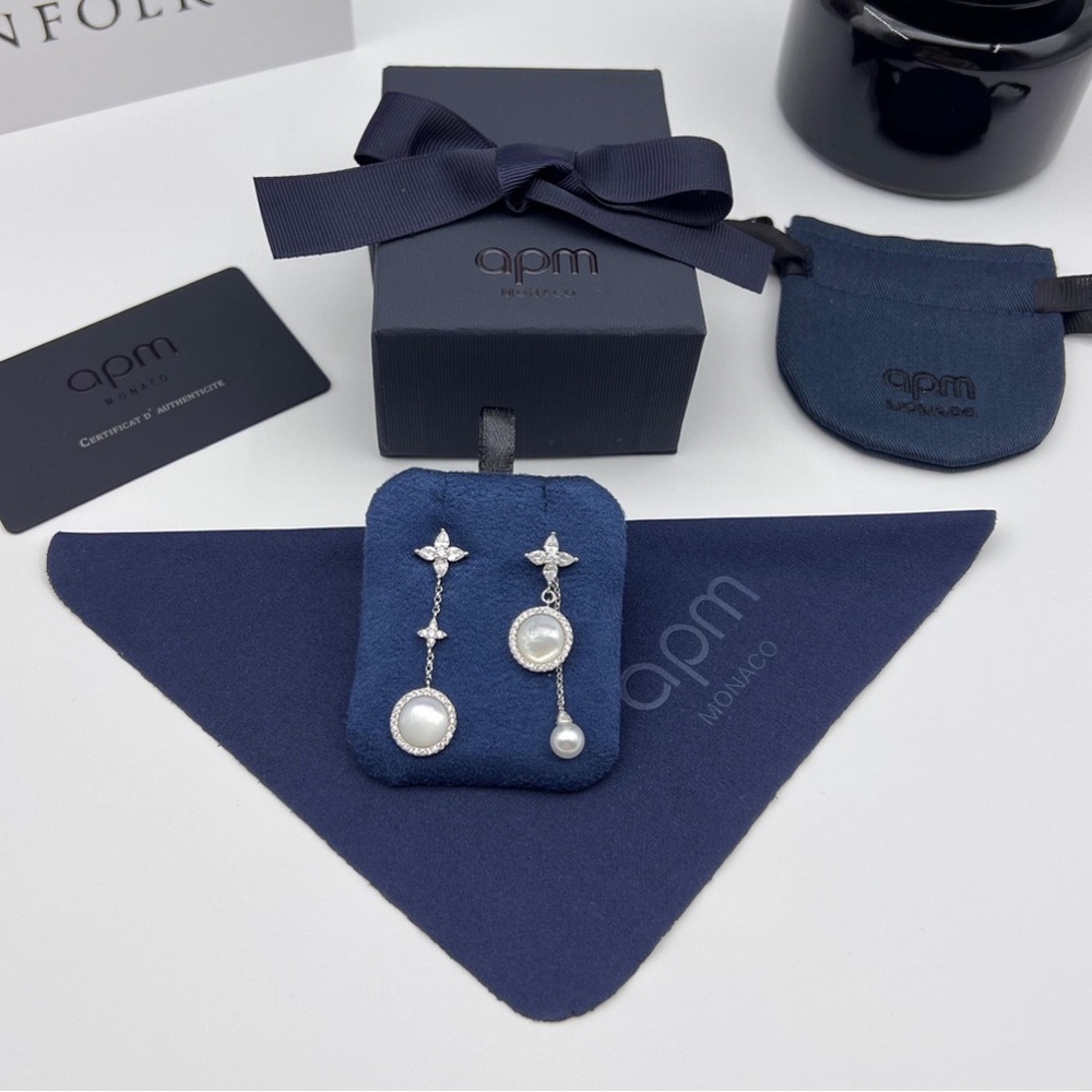 APM Monaco Asymmetric White Mother-of-Pearl and Pearl Drop Earrings - silver